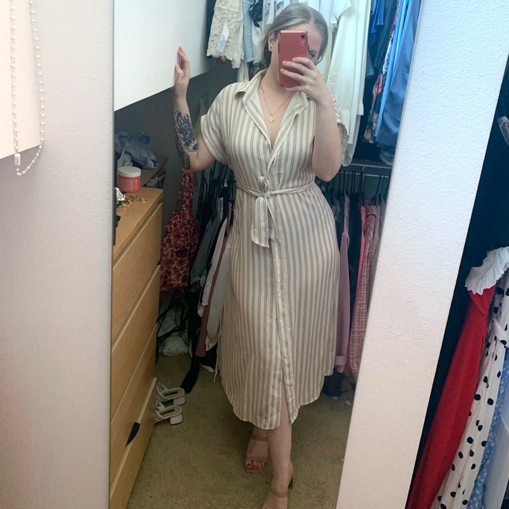 H&M Beige and White Striped Midi Shirt Dress